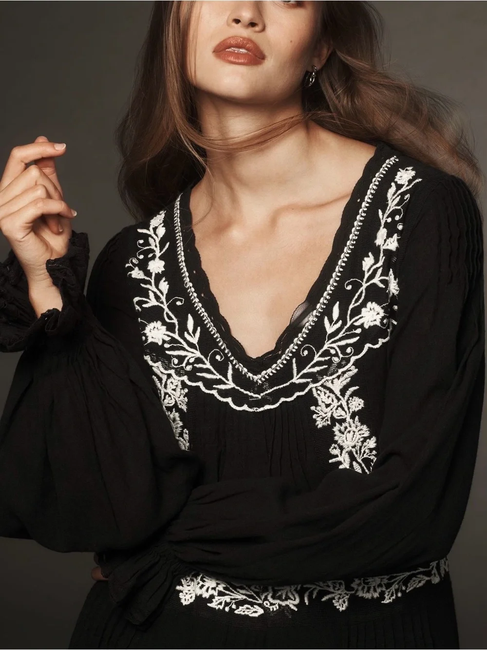 Anthropologie ‘Long-Sleeve Embroidered Pintuck Swing Mini Dress’ in Black Sz 1X